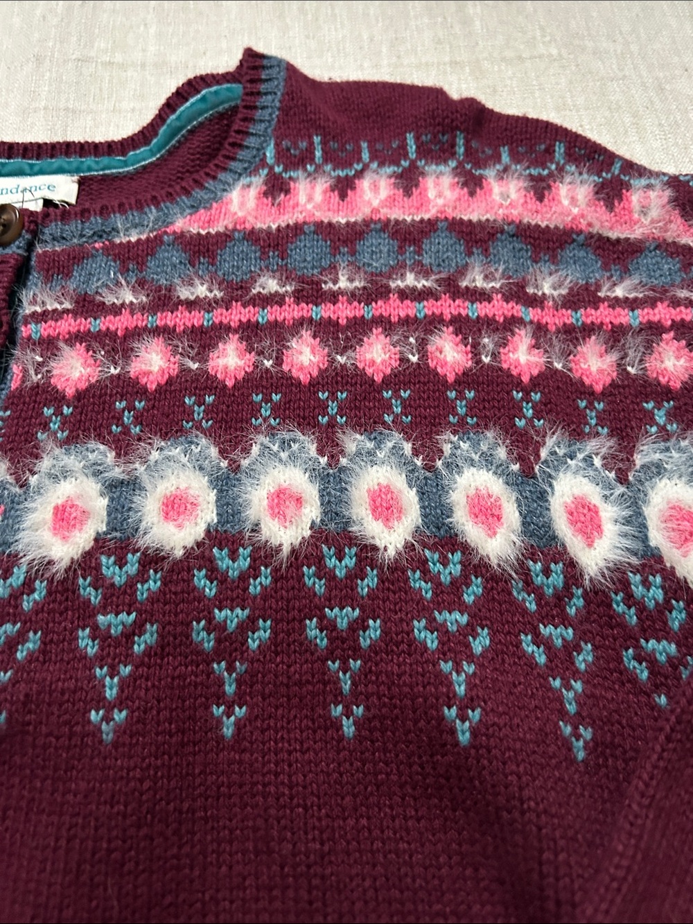 Sundance Fair Isle Sweater Burgundy Women's M Half Button Cotton Snowflake - Picture 11 of 13